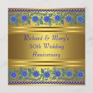 Blue Flowers Gold 50th Wedding Anniversary Invitation