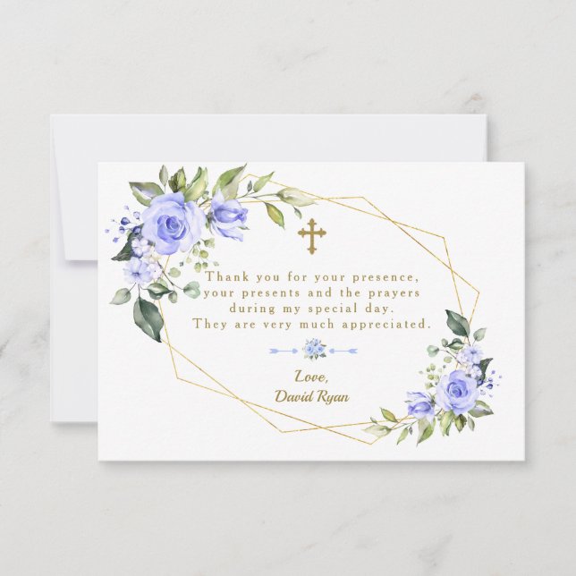 Blue Flowers Gold Frame Cross Boy Baptism Thank You Card (Front)