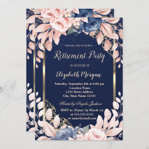 Blue Flowers Gold Frame Navy Blue Retirement  Invitation