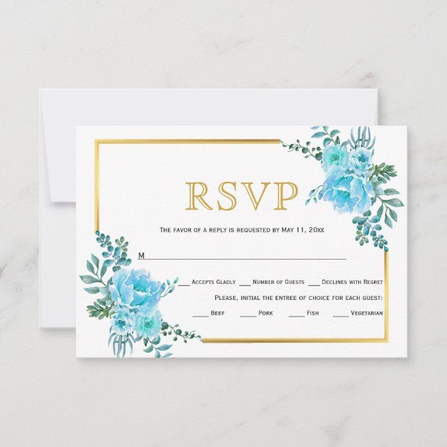 Blue flowers, gold frame wedding RSVP card (Front)