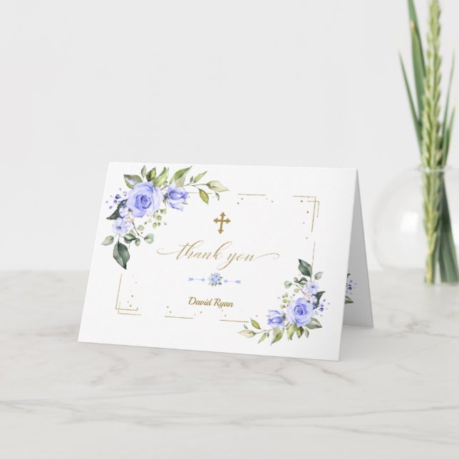 Blue Flowers Gold Glitter Cross Boy Baptism Thank You Card (Front)
