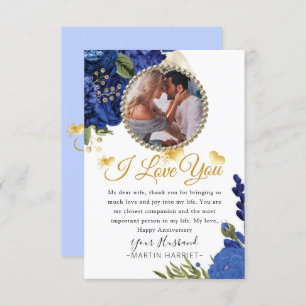 Blue Flowers Gold Photo Wife Anniversary Card
