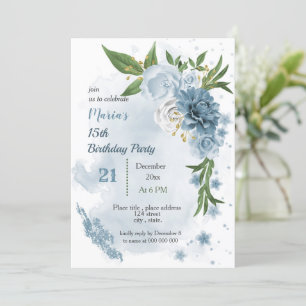 blue flowers & green leaves birthday invitation