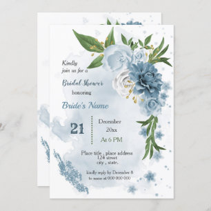 blue flowers & green leaves bridal shower invitation
