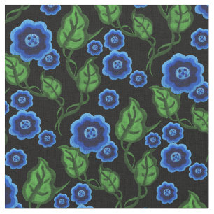 Blue flowers/green leaves/Folk art floral/black Fabric