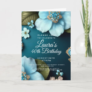 Blue flowers green leaves gold glitter Birthday Invitation
