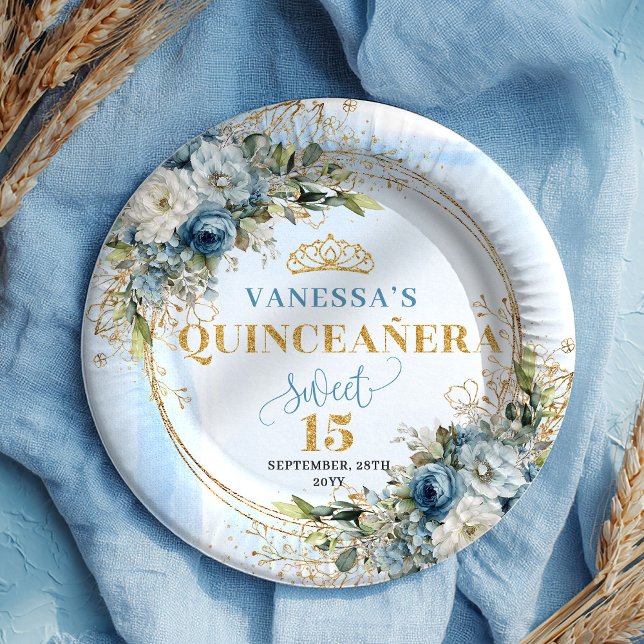 Blue Flowers Greenery Gold Personalized Quince  Paper Plate (Blue Flowers Greenery Gold Personalized Quince Plates)