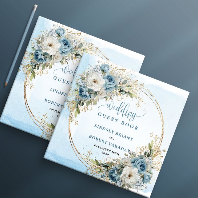 Blue Flowers Greenery Gold Wedding Guest Book (Blue Flowers Greenery Gold Wedding Guest Book)