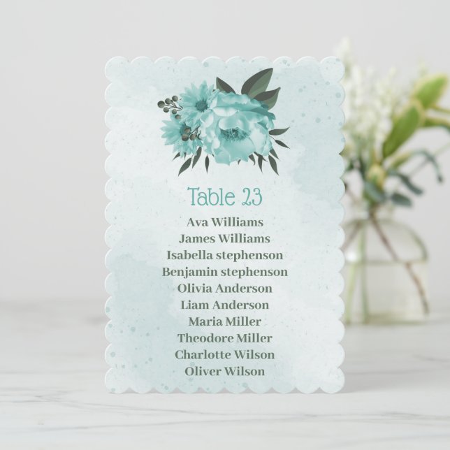  blue flowers greenery seating chart card (Standing Front)