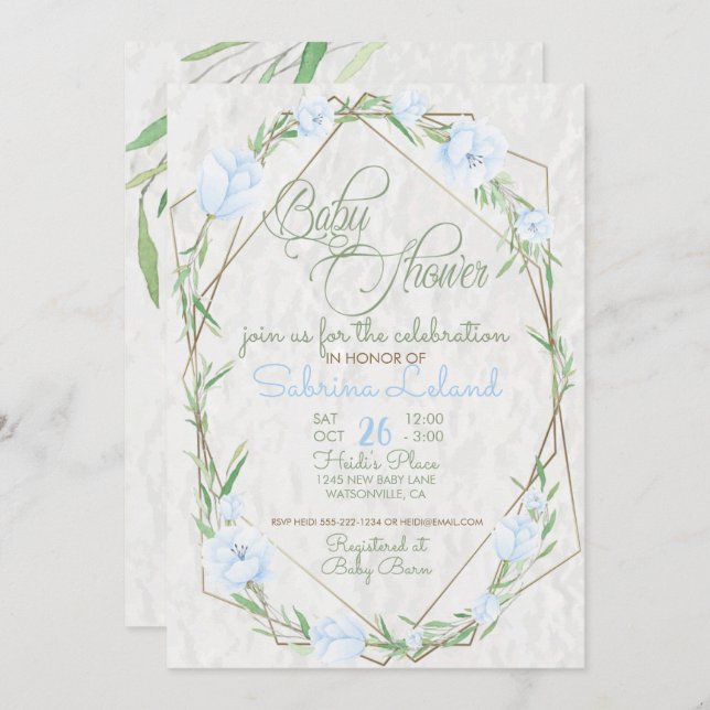 Blue Flowers Greenery Terrarium  Baby Shower Invitation (Front/Back)