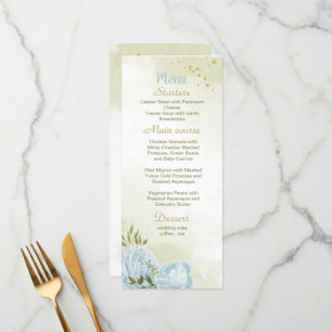blue flowers greenery wedding menu