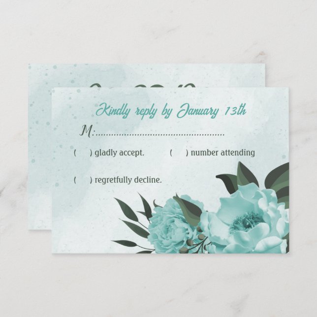  blue flowers greenery wedding  RSVP card (Front/Back)