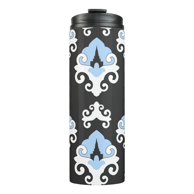 Blue Flowers Grey Background Pattern Thermal Tumbler (Front)