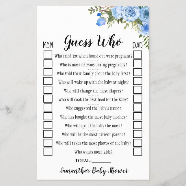 Blue Flowers Guess Who Baby Shower Game Card (Front)
