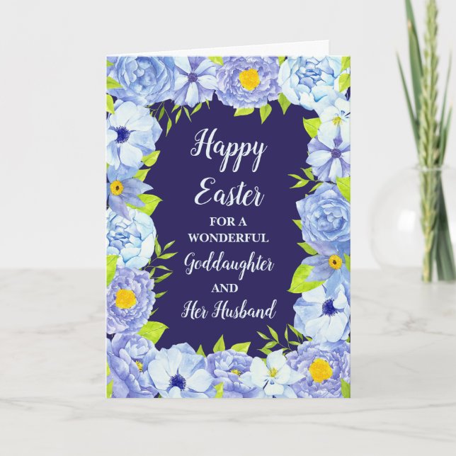 Blue Flowers Happy Easter Goddaughter & Husband Holiday Card (Front)