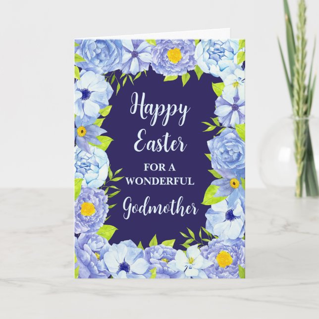 Blue Flowers Happy Easter Godmother Holiday Card (Front)