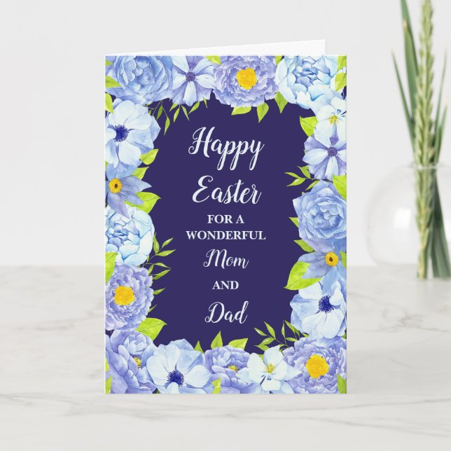 Blue Flowers Happy Easter Mum and Dad Holiday Card (Front)