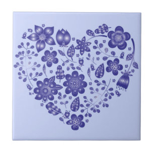 Blue Flowers Heart - Drawing Art Collection Ceramic Tile