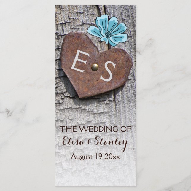 Blue flowers & heart on wood wedding program (Front)