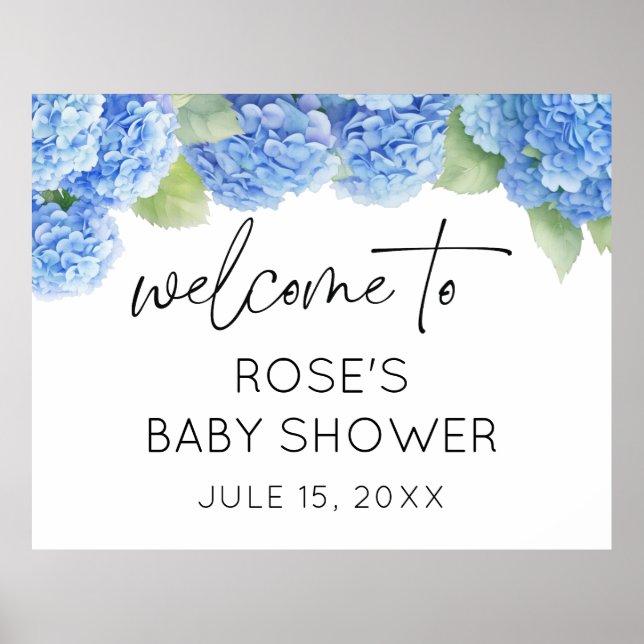 Blue Flowers Hydrangea Baby Shower Welcome Poster (Front)