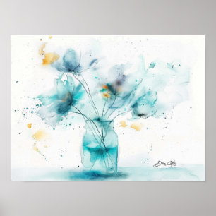 Blue Flowers in a Glass Vase Poster