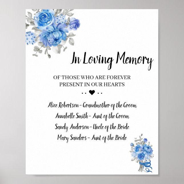 Blue Flowers In Loving Memory Wedding Sign (Front)