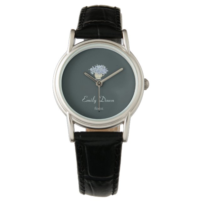 Blue flowers in vase grey watch (Front)