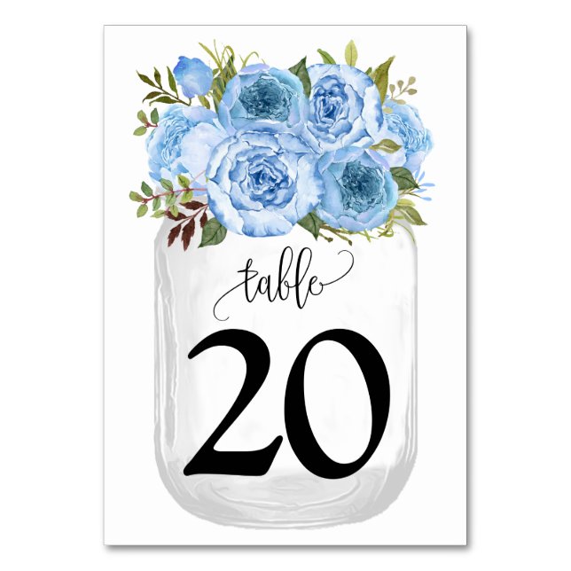 Blue Flowers Mason Jar Country Wedding Table Number (Front)