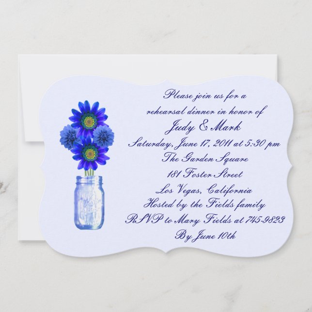 Blue Flowers Mason Jar Rehearsal Dinner Invitation (Front)