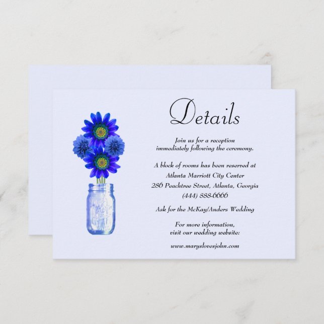 Blue Flowers Mason Jar Wedding Details Enclosure Card (Front/Back)