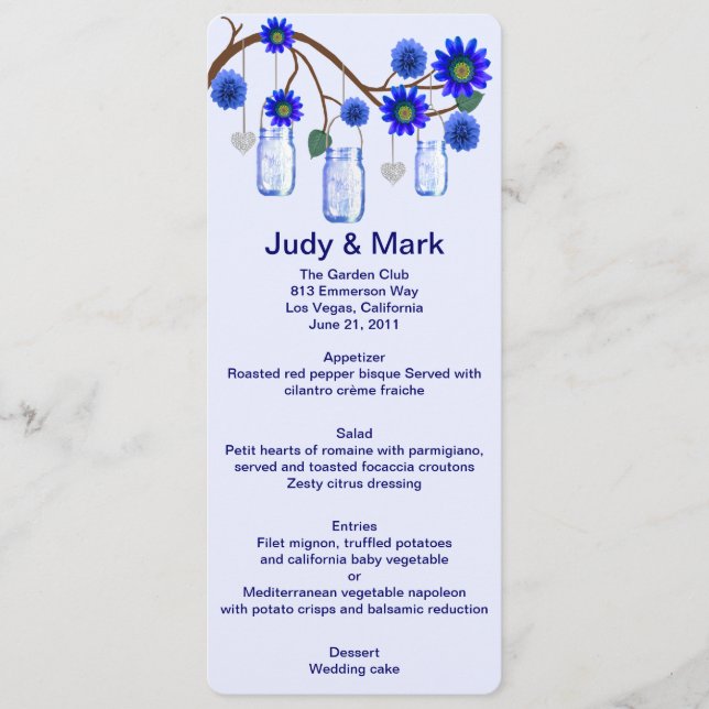 Blue Flowers Mason Jars Menu Card (Front)