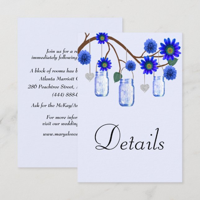 Blue Flowers Mason Jars Wedding Details Enclosure Card (Front/Back)