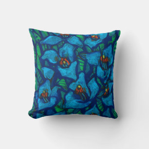 Blue Flowers, modern floral art, pastel painting Cushion