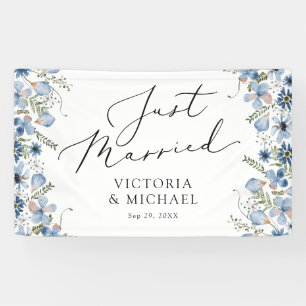 Blue Flowers Modern Just Married  Banner