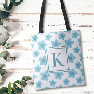 Blue Flowers Monogram Initial  Tote Bag
