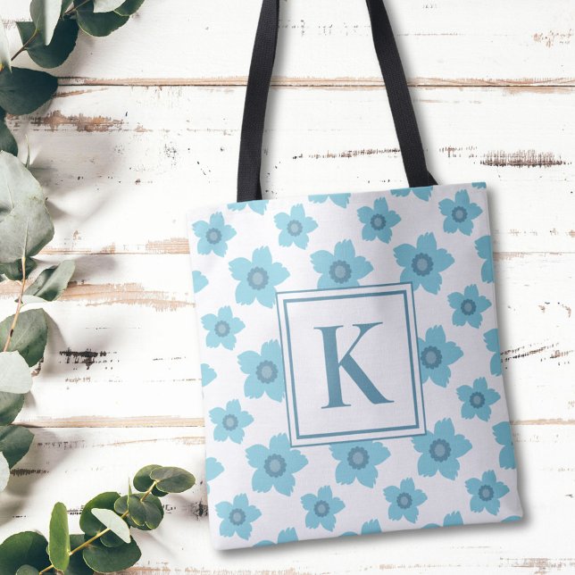 Blue Flowers Monogram Initial  Tote Bag (Creator Uploaded)