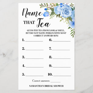 Blue Flowers Name that Tea Bridal Shower Game Card