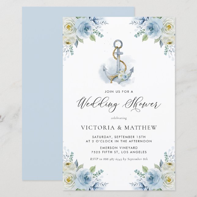 Blue Flowers Nautical Wedding Shower Invitation (Front/Back)