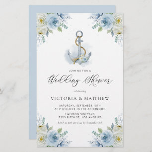 Blue Flowers Nautical Wedding Shower Invitation