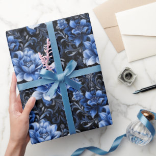 Blue Flowers on Black  Wrapping Paper