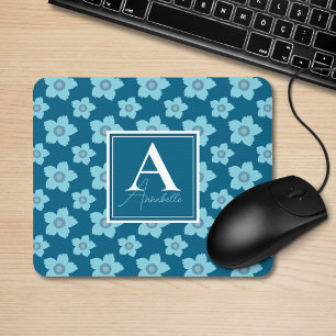 Blue Flowers On Blue Background Monogram Mouse Pad