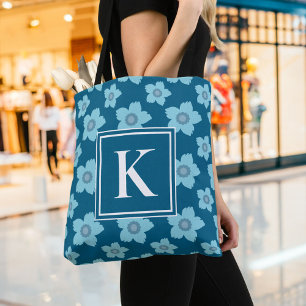 Blue Flowers On Blue Background Monogram Tote Bag