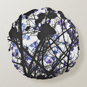 Blue flowers on winter tree concept digital art round cushion
