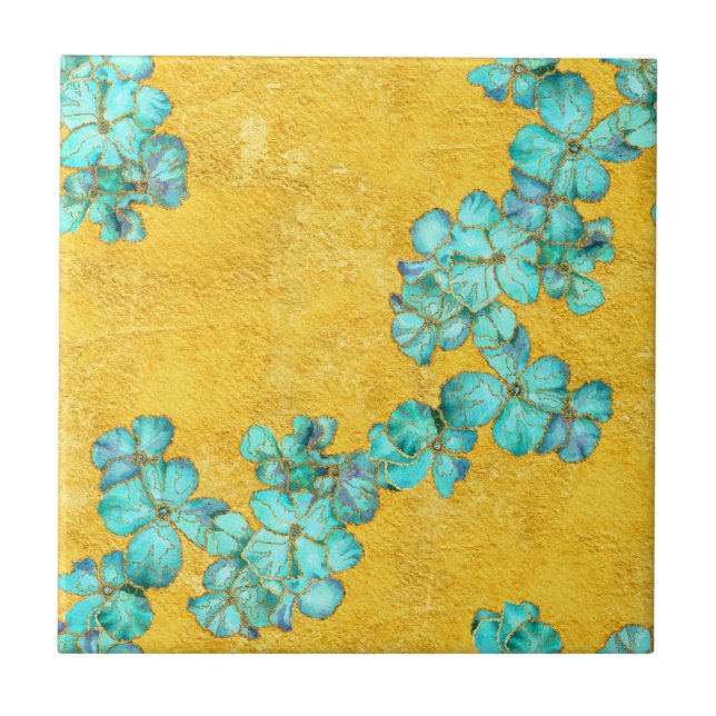 Blue flowers on yellow background ceramic tile (Front)
