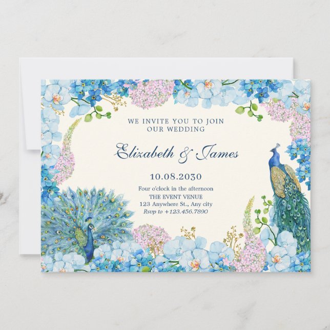 Blue flowers orchid pecock wedding invitation (Front)