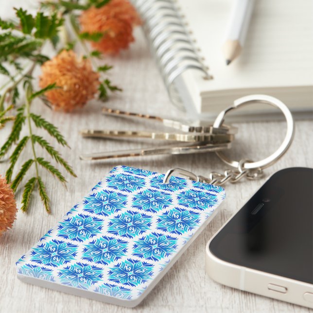 Blue Flowers, Pattern Of Flowers, Floral Pattern Key Ring (Front Right)