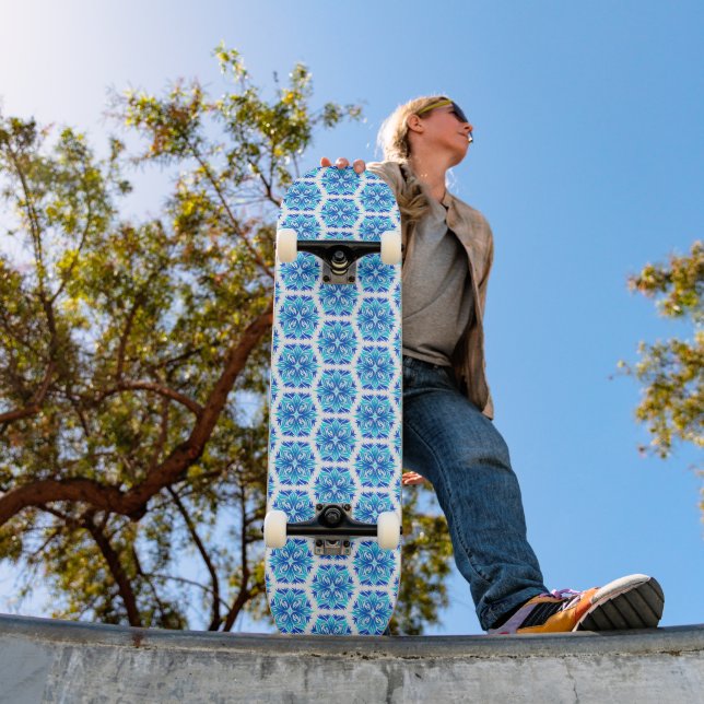 Blue Flowers, Pattern Of Flowers, Floral Pattern Skateboard (Outdoor 1)