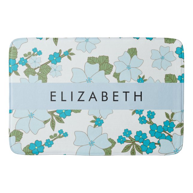 Blue Flowers, Pattern Of Flowers, Your Name Bath Mat (Front)