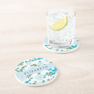 Blue Flowers, Pattern Of Flowers, Your Name Coaster