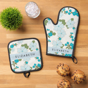 Blue Flowers, Pattern Of Flowers, Your Name Oven Mitt & Pot Holder Set
